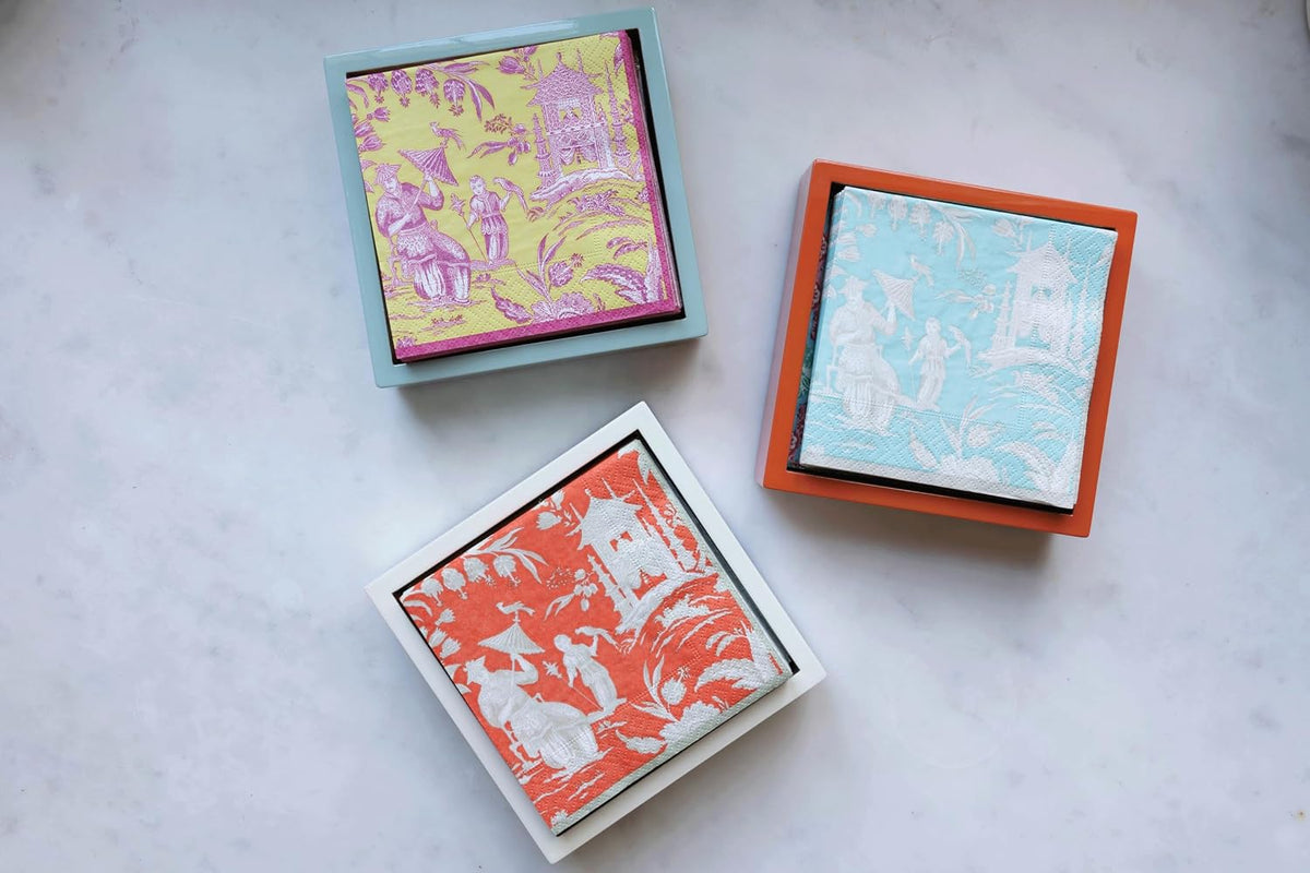 Coral With Gold Lacquer Cocktail Napkin Holder- Decorative 6" Square Holder for Paper Napkins 1 Each