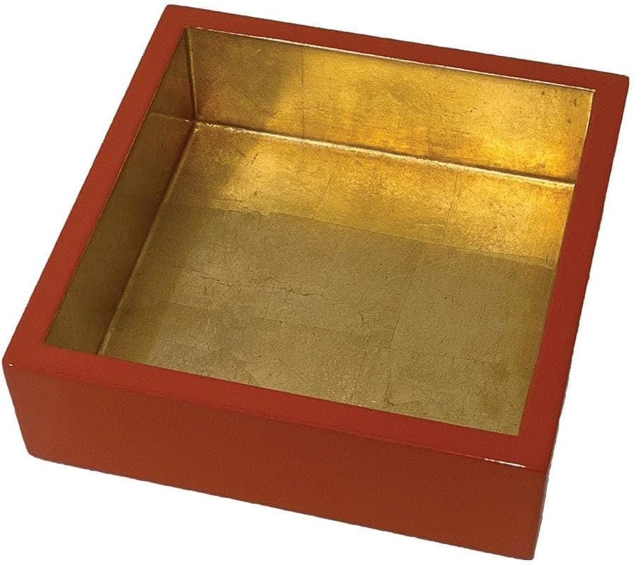 Coral With Gold Lacquer Cocktail Napkin Holder- Decorative 6" Square Holder for Paper Napkins 1 Each