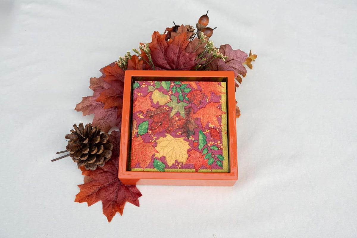 Coral With Gold Lacquer Cocktail Napkin Holder- Decorative 6" Square Holder for Paper Napkins 1 Each