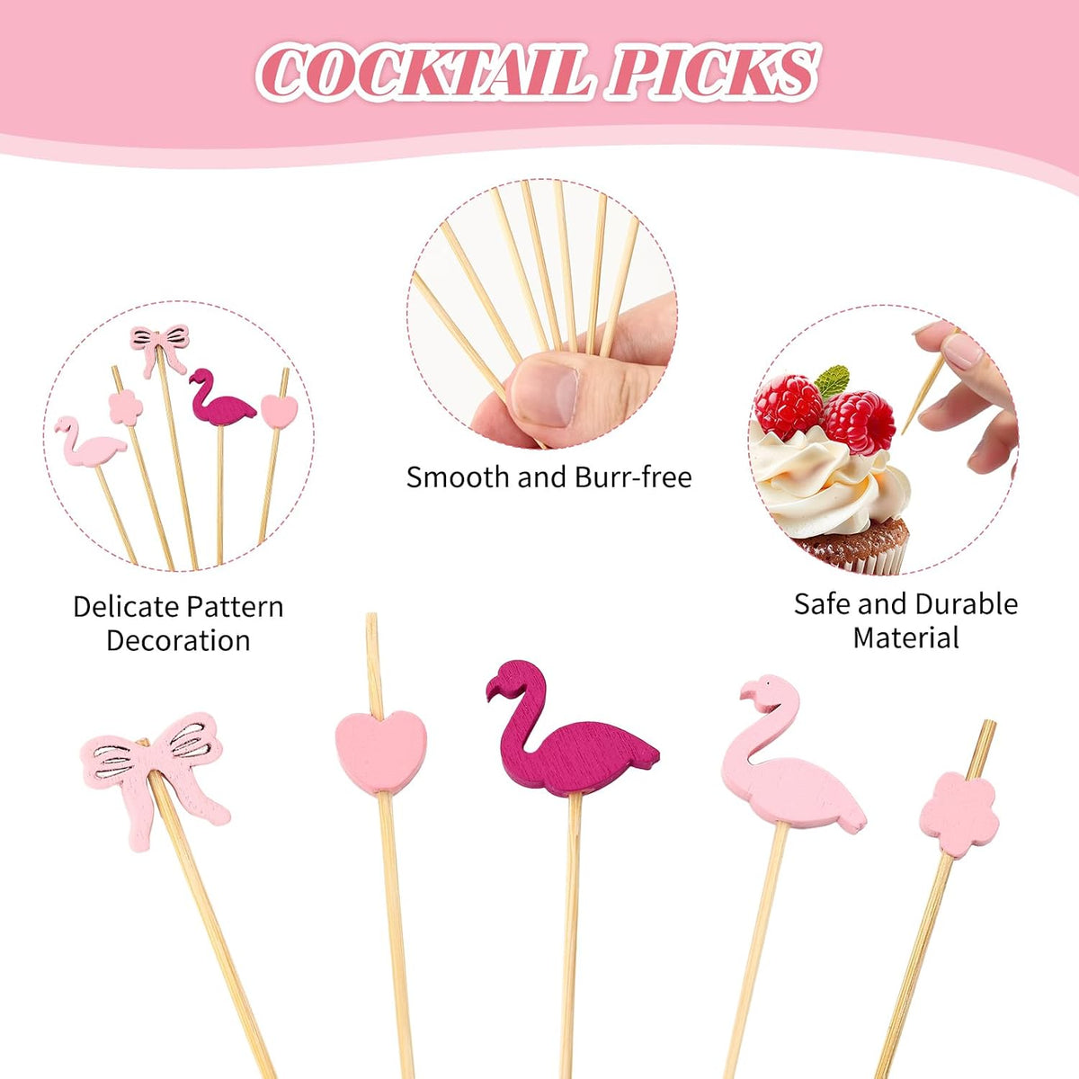 200 Pack Pink Toothpicks for Appetizers, 4.72in Cute Bow Toothpicks, 4 Styles Cocktail Picks for Appetizers Drinks Fruit Birthday Bridal Wedding Baby Shower Party Decoration (Pink)