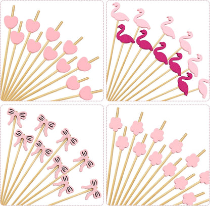 200 Pack Pink Toothpicks for Appetizers, 4.72in Cute Bow Toothpicks, 4 Styles Cocktail Picks for Appetizers Drinks Fruit Birthday Bridal Wedding Baby Shower Party Decoration (Pink)