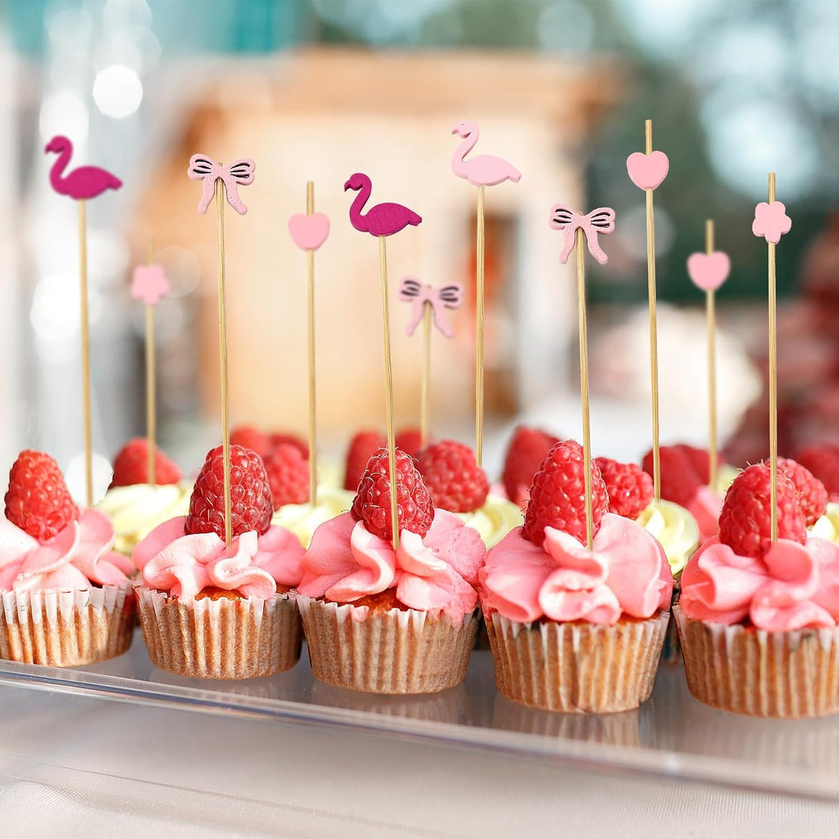200 Pack Pink Toothpicks for Appetizers, 4.72in Cute Bow Toothpicks, 4 Styles Cocktail Picks for Appetizers Drinks Fruit Birthday Bridal Wedding Baby Shower Party Decoration (Pink)