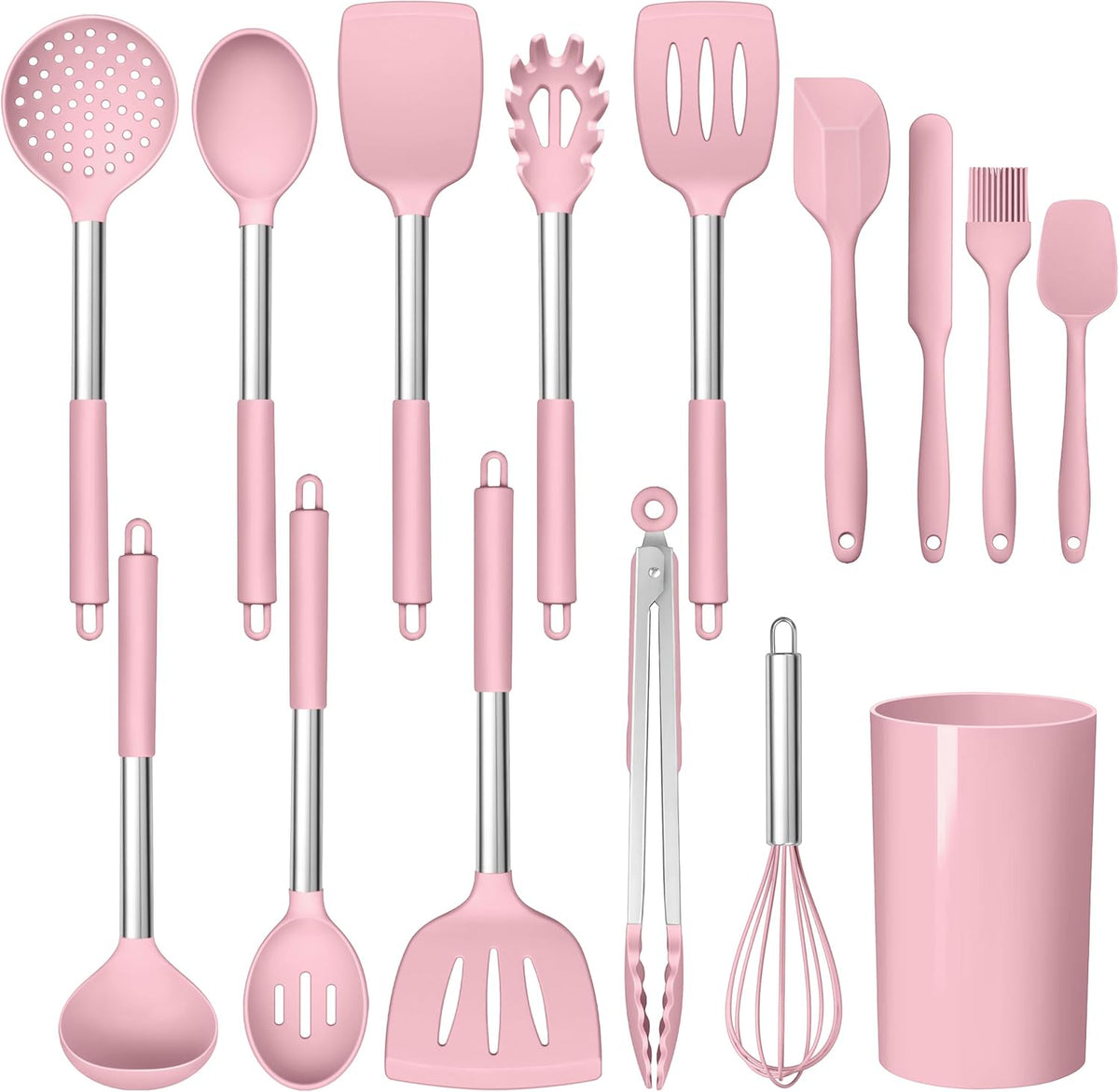 15 Piece Cooking Utensils Set with Stainless Steel Handle, Silicone Kitchen Gadgets with Holder, Heat Resistant Spatula Spoon Turner Tong Whisk Brush Tools for Cooking, Dishwasher Safe, Pink