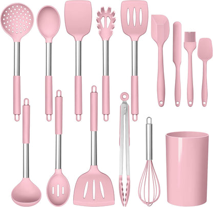 15 Piece Cooking Utensils Set with Stainless Steel Handle, Silicone Kitchen Gadgets with Holder, Heat Resistant Spatula Spoon Turner Tong Whisk Brush Tools for Cooking, Dishwasher Safe, Pink