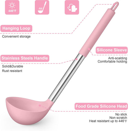 15 Piece Cooking Utensils Set with Stainless Steel Handle, Silicone Kitchen Gadgets with Holder, Heat Resistant Spatula Spoon Turner Tong Whisk Brush Tools for Cooking, Dishwasher Safe, Pink