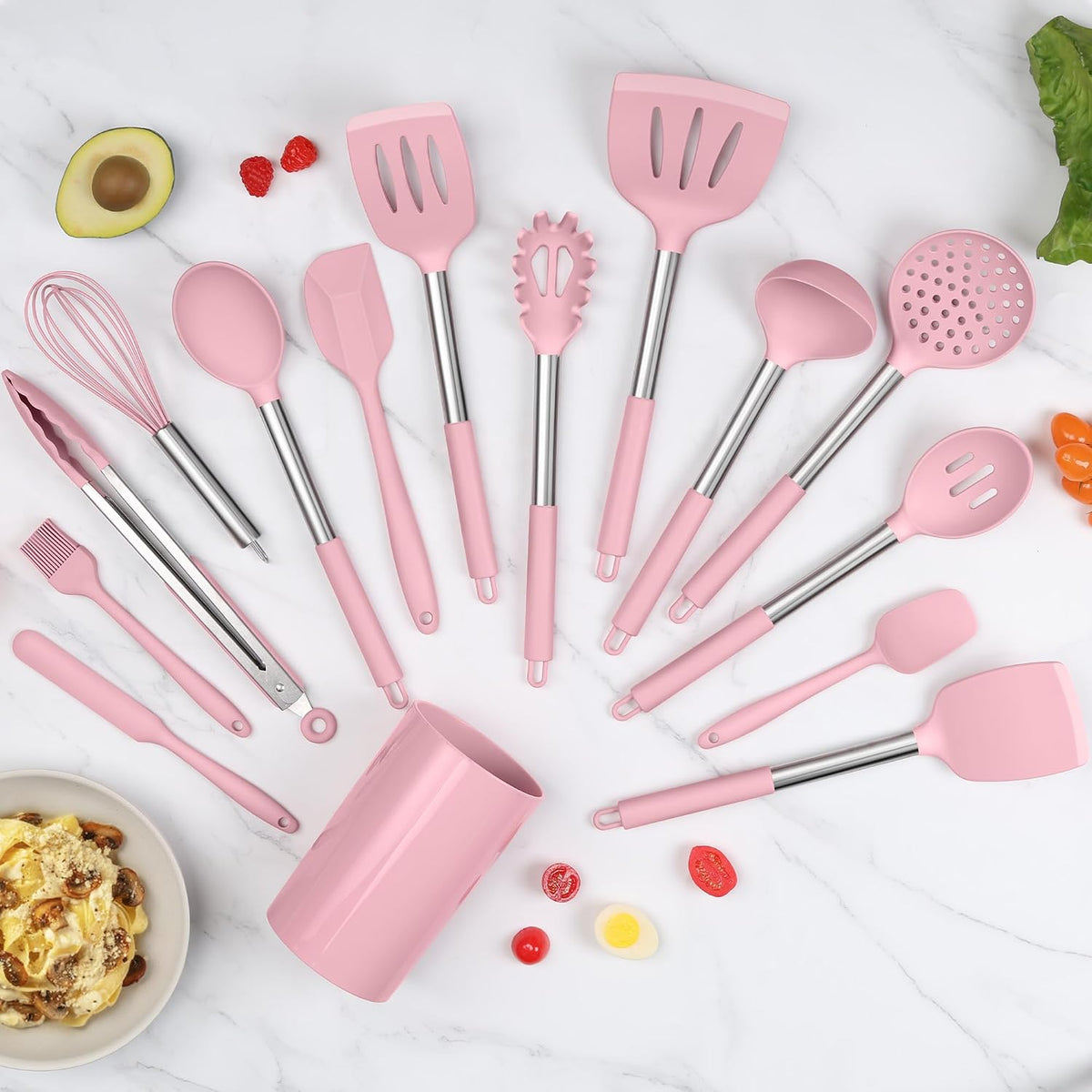 15 Piece Cooking Utensils Set with Stainless Steel Handle, Silicone Kitchen Gadgets with Holder, Heat Resistant Spatula Spoon Turner Tong Whisk Brush Tools for Cooking, Dishwasher Safe, Pink