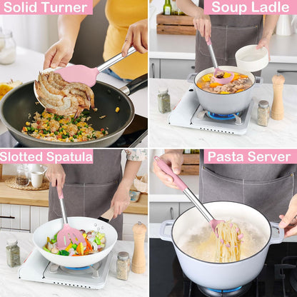 15 Piece Cooking Utensils Set with Stainless Steel Handle, Silicone Kitchen Gadgets with Holder, Heat Resistant Spatula Spoon Turner Tong Whisk Brush Tools for Cooking, Dishwasher Safe, Pink
