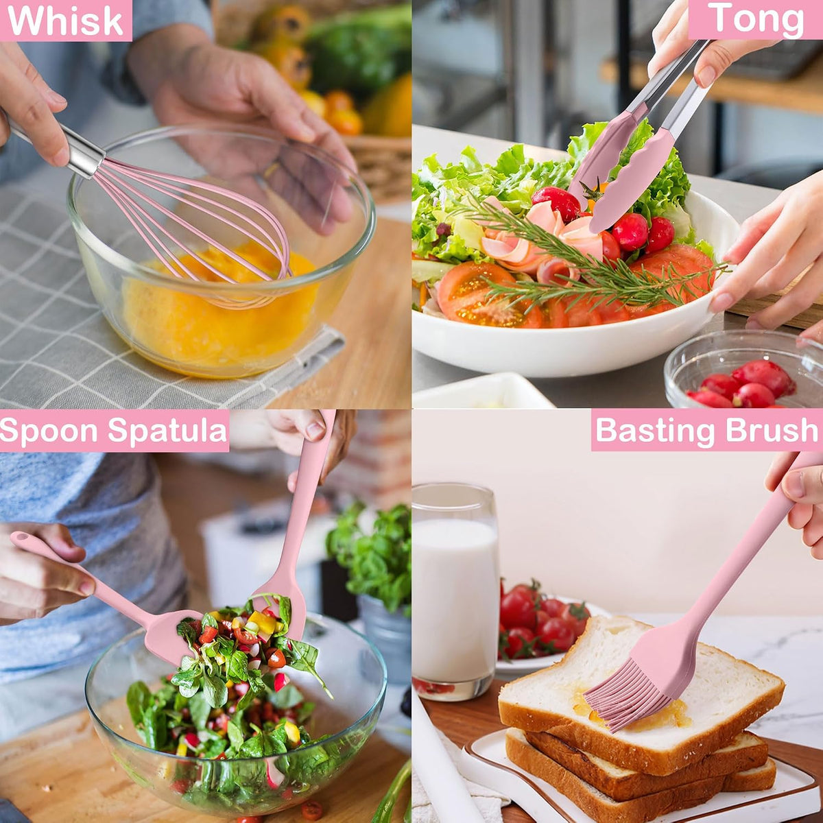 15 Piece Cooking Utensils Set with Stainless Steel Handle, Silicone Kitchen Gadgets with Holder, Heat Resistant Spatula Spoon Turner Tong Whisk Brush Tools for Cooking, Dishwasher Safe, Pink