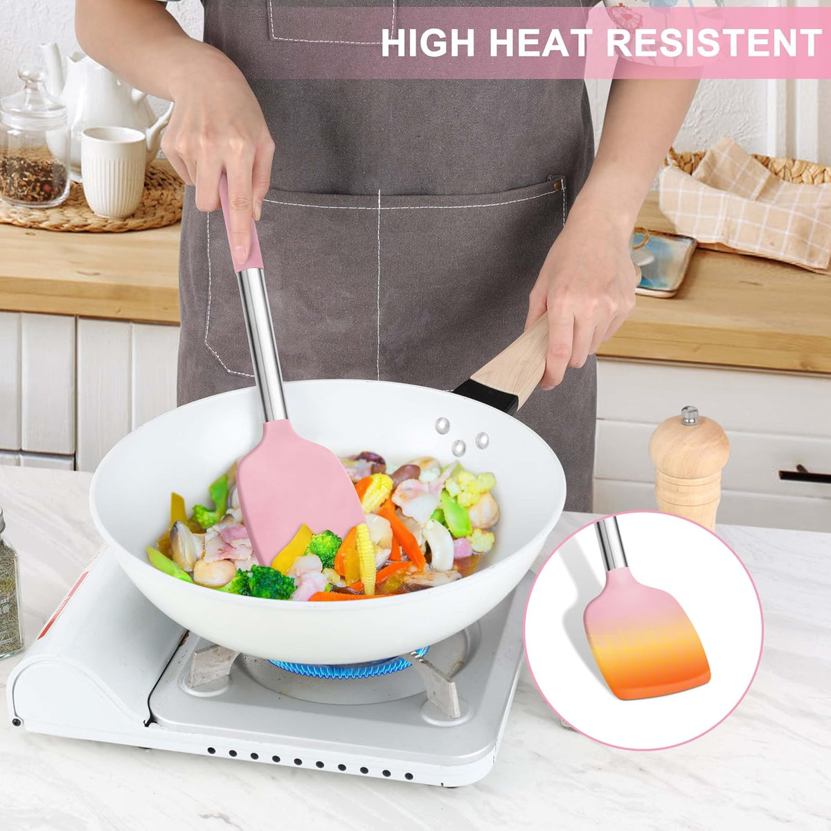 15 Piece Cooking Utensils Set with Stainless Steel Handle, Silicone Kitchen Gadgets with Holder, Heat Resistant Spatula Spoon Turner Tong Whisk Brush Tools for Cooking, Dishwasher Safe, Pink