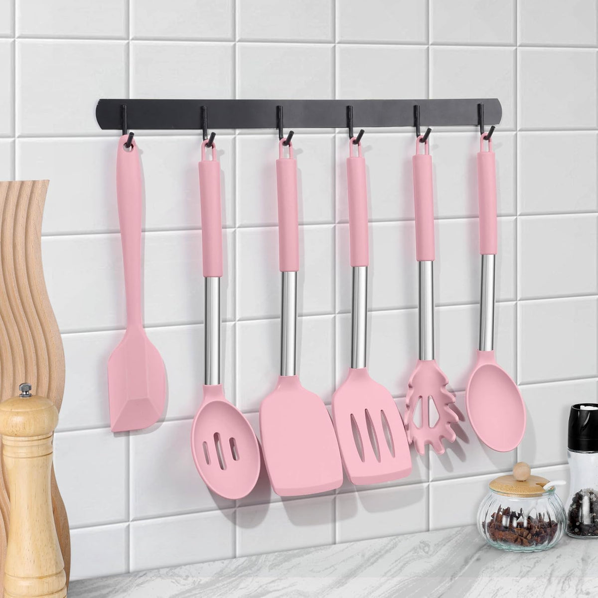 15 Piece Cooking Utensils Set with Stainless Steel Handle, Silicone Kitchen Gadgets with Holder, Heat Resistant Spatula Spoon Turner Tong Whisk Brush Tools for Cooking, Dishwasher Safe, Pink