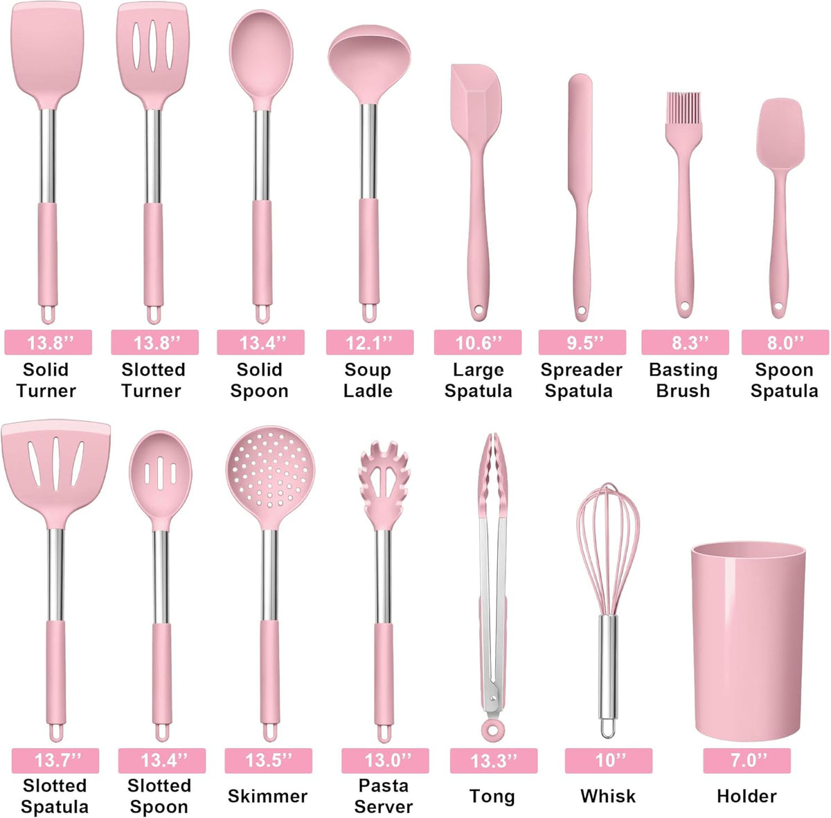 15 Piece Cooking Utensils Set with Stainless Steel Handle, Silicone Kitchen Gadgets with Holder, Heat Resistant Spatula Spoon Turner Tong Whisk Brush Tools for Cooking, Dishwasher Safe, Pink