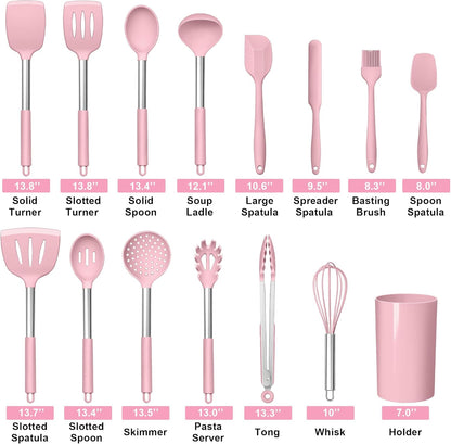 15 Piece Cooking Utensils Set with Stainless Steel Handle, Silicone Kitchen Gadgets with Holder, Heat Resistant Spatula Spoon Turner Tong Whisk Brush Tools for Cooking, Dishwasher Safe, Pink
