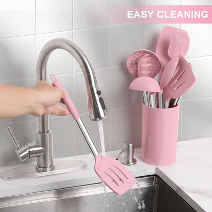 15 Piece Cooking Utensils Set with Stainless Steel Handle, Silicone Kitchen Gadgets with Holder, Heat Resistant Spatula Spoon Turner Tong Whisk Brush Tools for Cooking, Dishwasher Safe, Pink