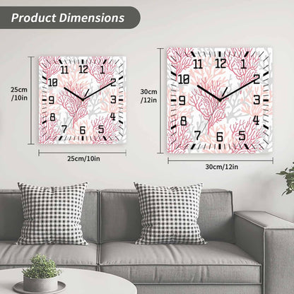 Wall Clock 10in Coral Ocean Silent Non Ticking Square Wall Clock Red Pink Grey Decorative Clock for Living Room Bedroom Office Kitchen Decor