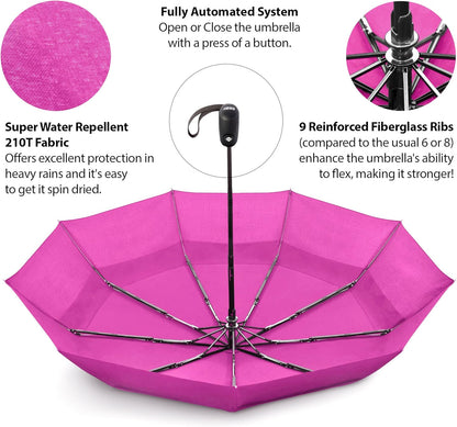 Windproof Travel Umbrella Auto Open Close, Compact 42" Folding Umbrella