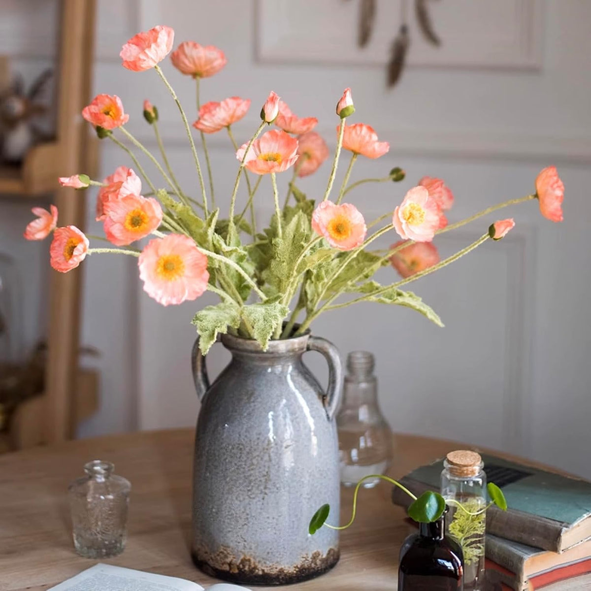 Lifelike Artificial Poppy Flowers, 8 Stems Silk Bouquet with Flocked Stems & Leaves – for Wedding Centerpieces, Home Decor, Table Arrangements