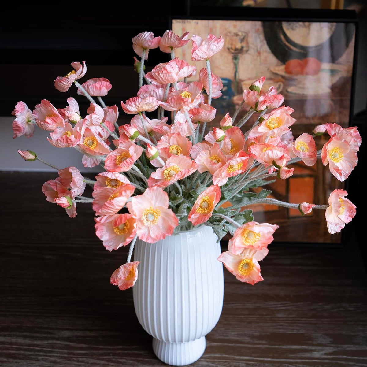 Lifelike Artificial Poppy Flowers, 8 Stems Silk Bouquet with Flocked Stems & Leaves – for Wedding Centerpieces, Home Decor, Table Arrangements
