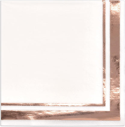 120 Rose Gold Cocktail Napkins with Foil Border, 3 Ply White Beverage Napkins for Wedding Bridal Shower Decor