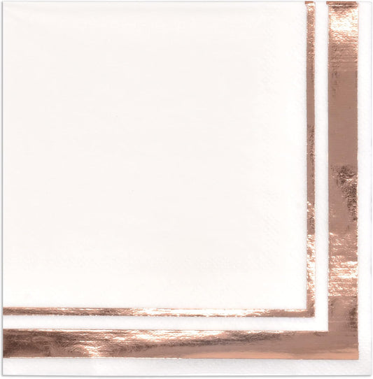 120 Rose Gold Cocktail Napkins with Foil Border, 3 Ply White Beverage Napkins for Wedding Bridal Shower Decor
