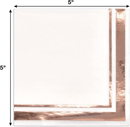 120 Rose Gold Cocktail Napkins with Foil Border, 3 Ply White Beverage Napkins for Wedding Bridal Shower Decor