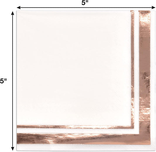 120 Rose Gold Cocktail Napkins with Foil Border, 3 Ply White Beverage Napkins for Wedding Bridal Shower Decor