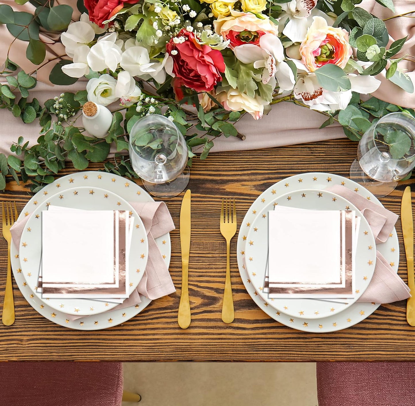120 Rose Gold Cocktail Napkins with Foil Border, 3 Ply White Beverage Napkins for Wedding Bridal Shower Decor