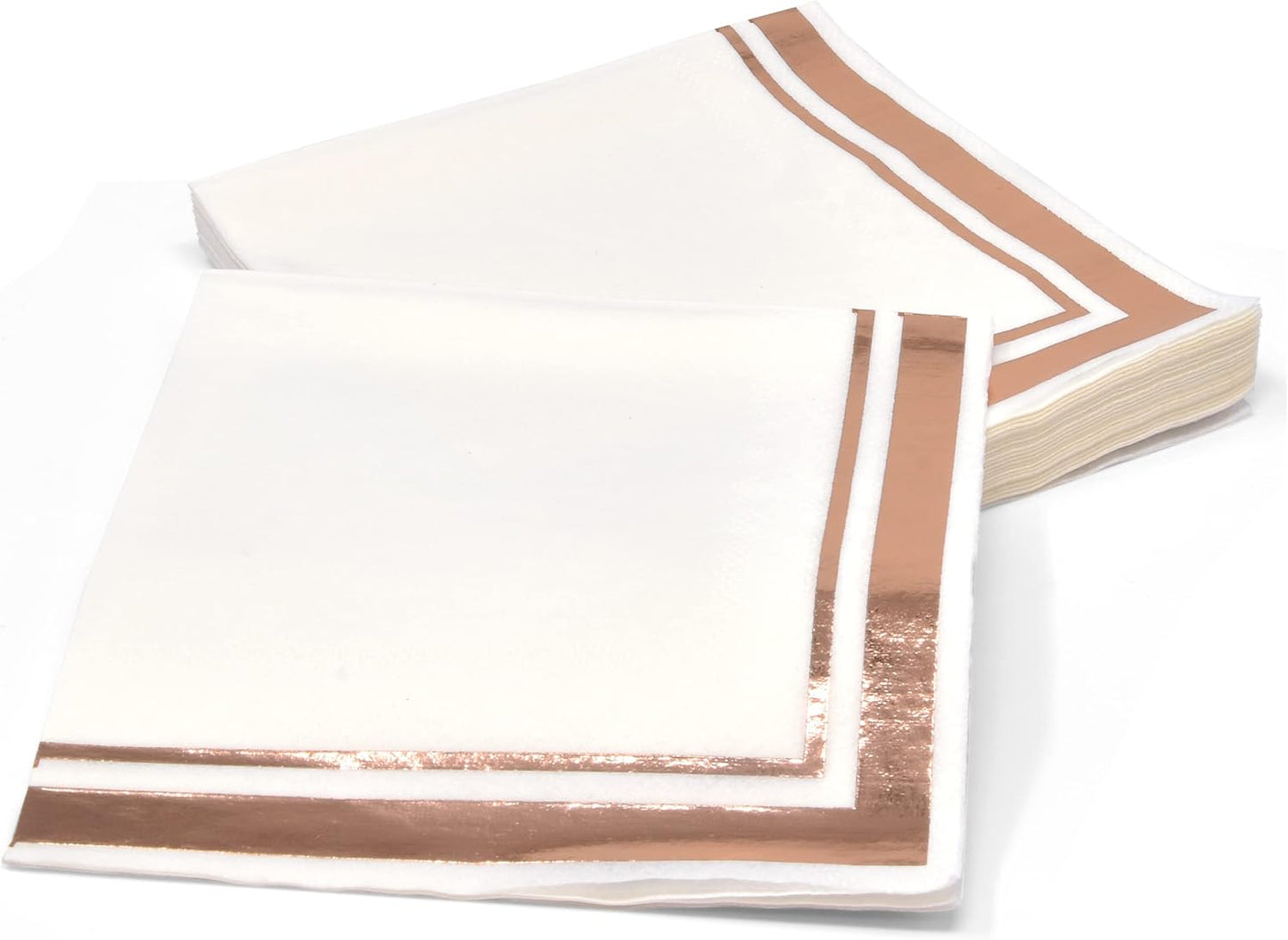 120 Rose Gold Cocktail Napkins with Foil Border, 3 Ply White Beverage Napkins for Wedding Bridal Shower Decor