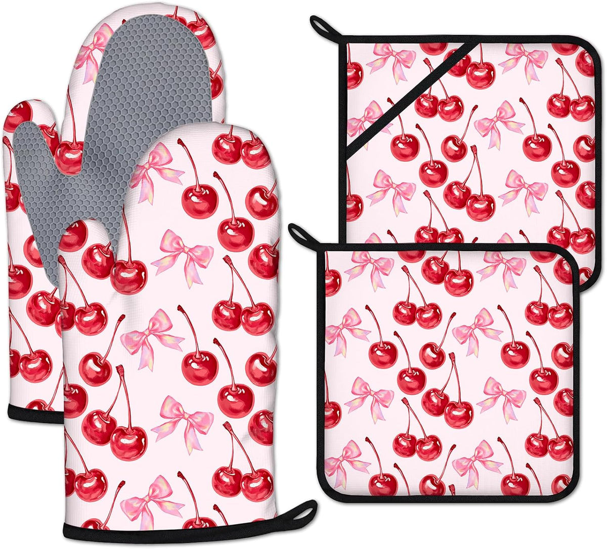 Cherry Pink Bows Oven Mitts and Pot Holders Sets 4 Pcs Cute Silicone Kitchen Gloves Heat Resistant Potholders for Baking Grilling BBQ