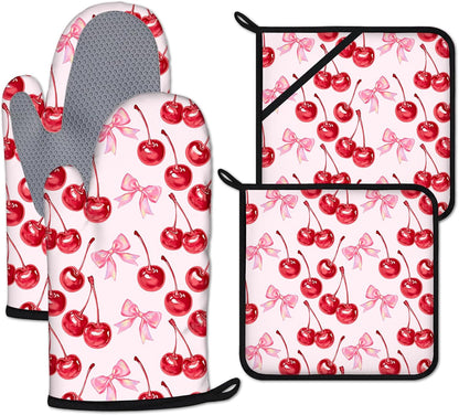 Cherry Pink Bows Oven Mitts and Pot Holders Sets 4 Pcs Cute Silicone Kitchen Gloves Heat Resistant Potholders for Baking Grilling BBQ