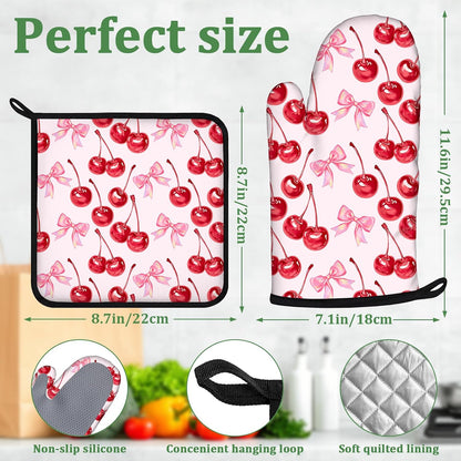 Cherry Pink Bows Oven Mitts and Pot Holders Sets 4 Pcs Cute Silicone Kitchen Gloves Heat Resistant Potholders for Baking Grilling BBQ