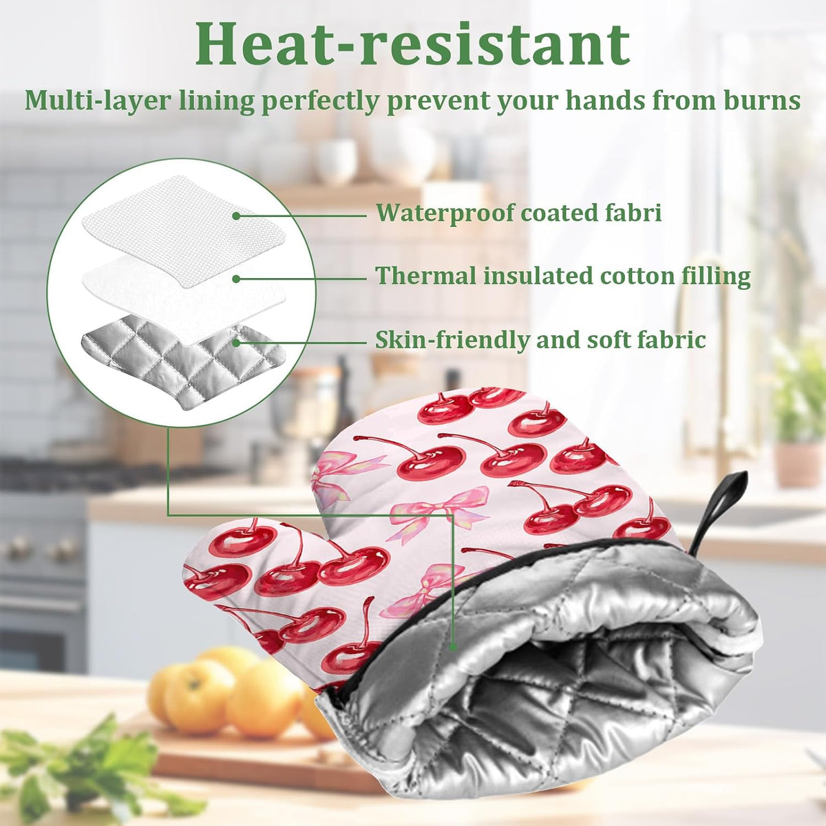 Cherry Pink Bows Oven Mitts and Pot Holders Sets 4 Pcs Cute Silicone Kitchen Gloves Heat Resistant Potholders for Baking Grilling BBQ