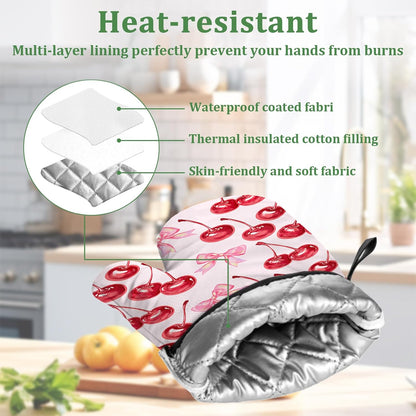 Cherry Pink Bows Oven Mitts and Pot Holders Sets 4 Pcs Cute Silicone Kitchen Gloves Heat Resistant Potholders for Baking Grilling BBQ