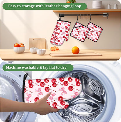 Cherry Pink Bows Oven Mitts and Pot Holders Sets 4 Pcs Cute Silicone Kitchen Gloves Heat Resistant Potholders for Baking Grilling BBQ