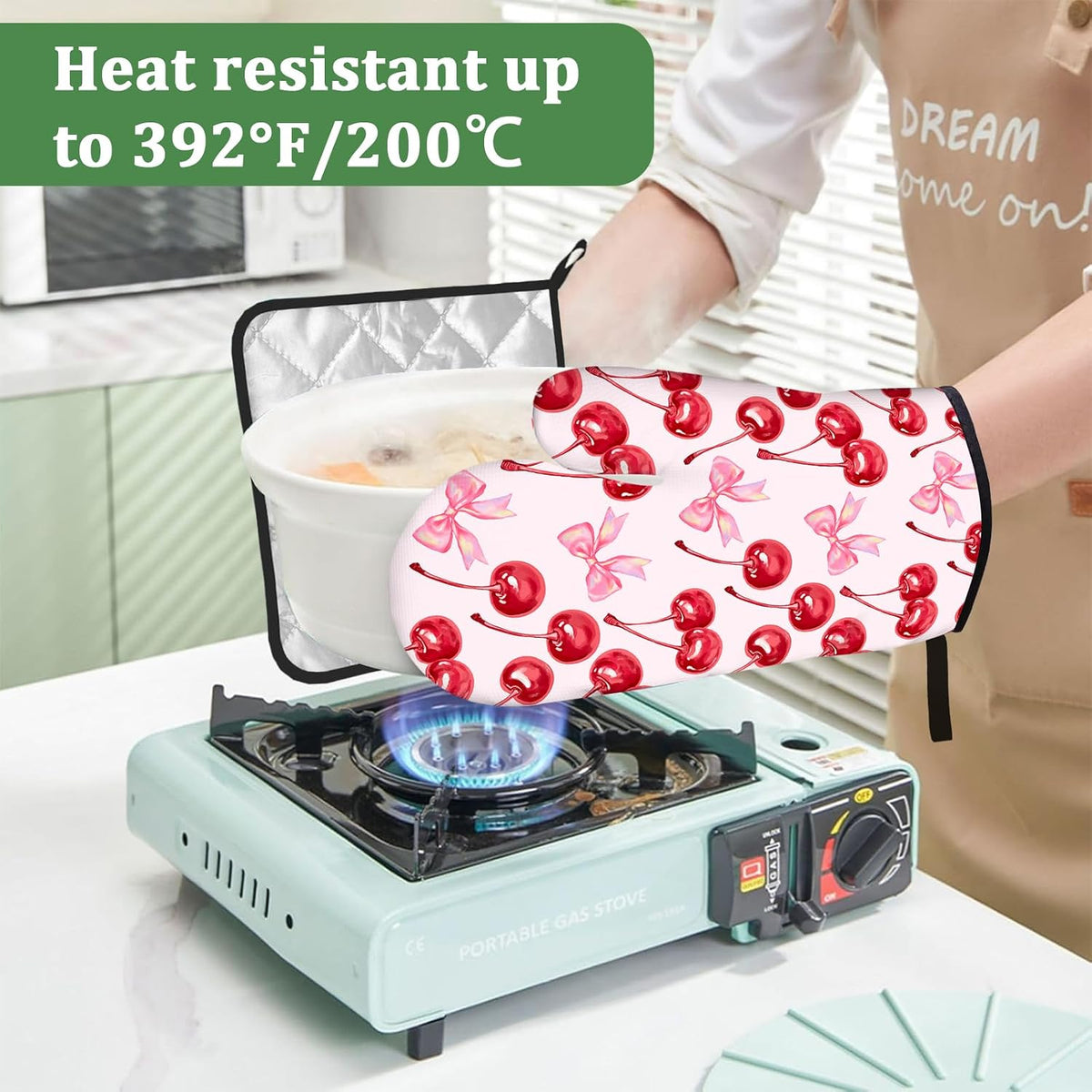 Cherry Pink Bows Oven Mitts and Pot Holders Sets 4 Pcs Cute Silicone Kitchen Gloves Heat Resistant Potholders for Baking Grilling BBQ