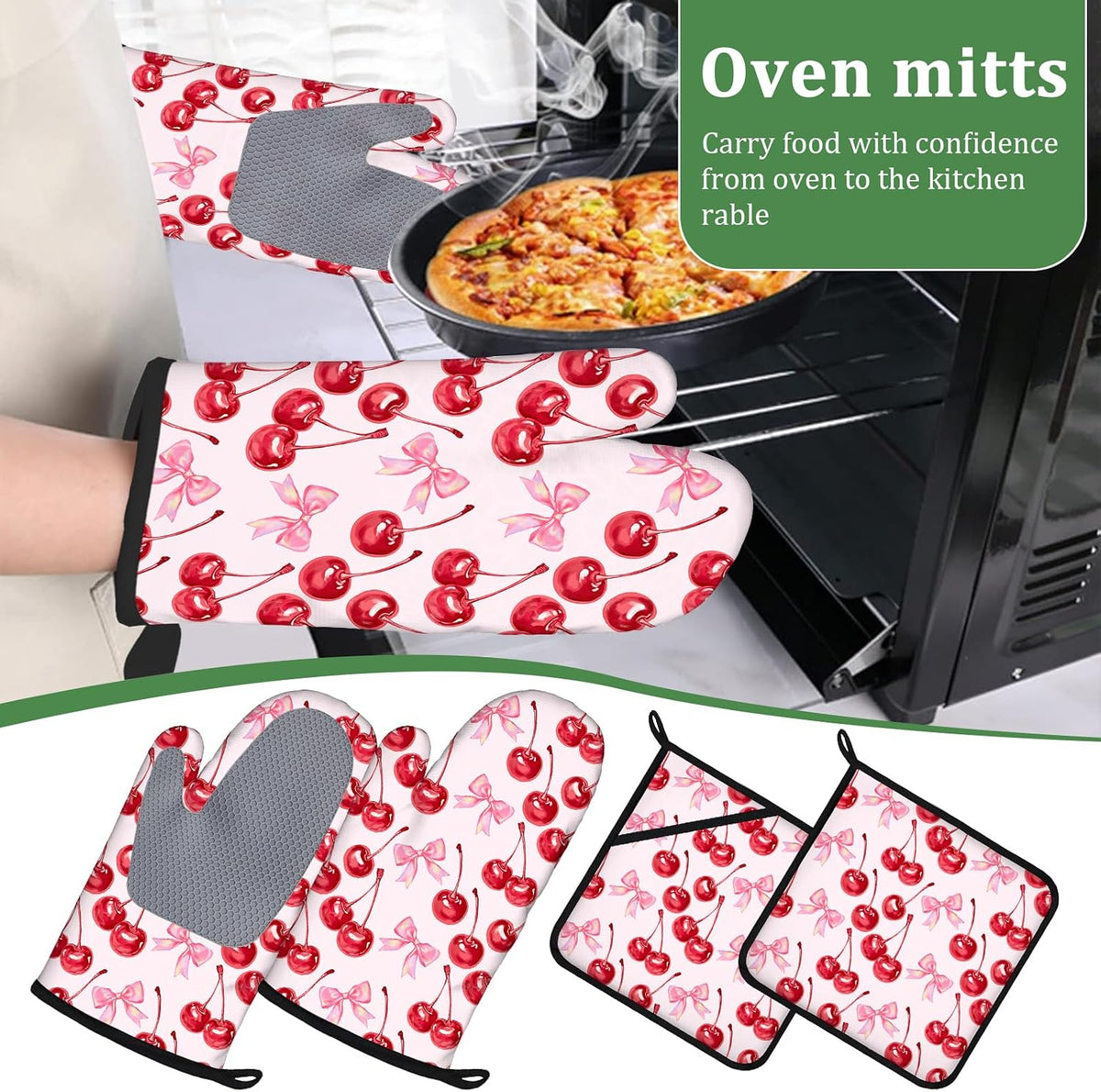 Cherry Pink Bows Oven Mitts and Pot Holders Sets 4 Pcs Cute Silicone Kitchen Gloves Heat Resistant Potholders for Baking Grilling BBQ