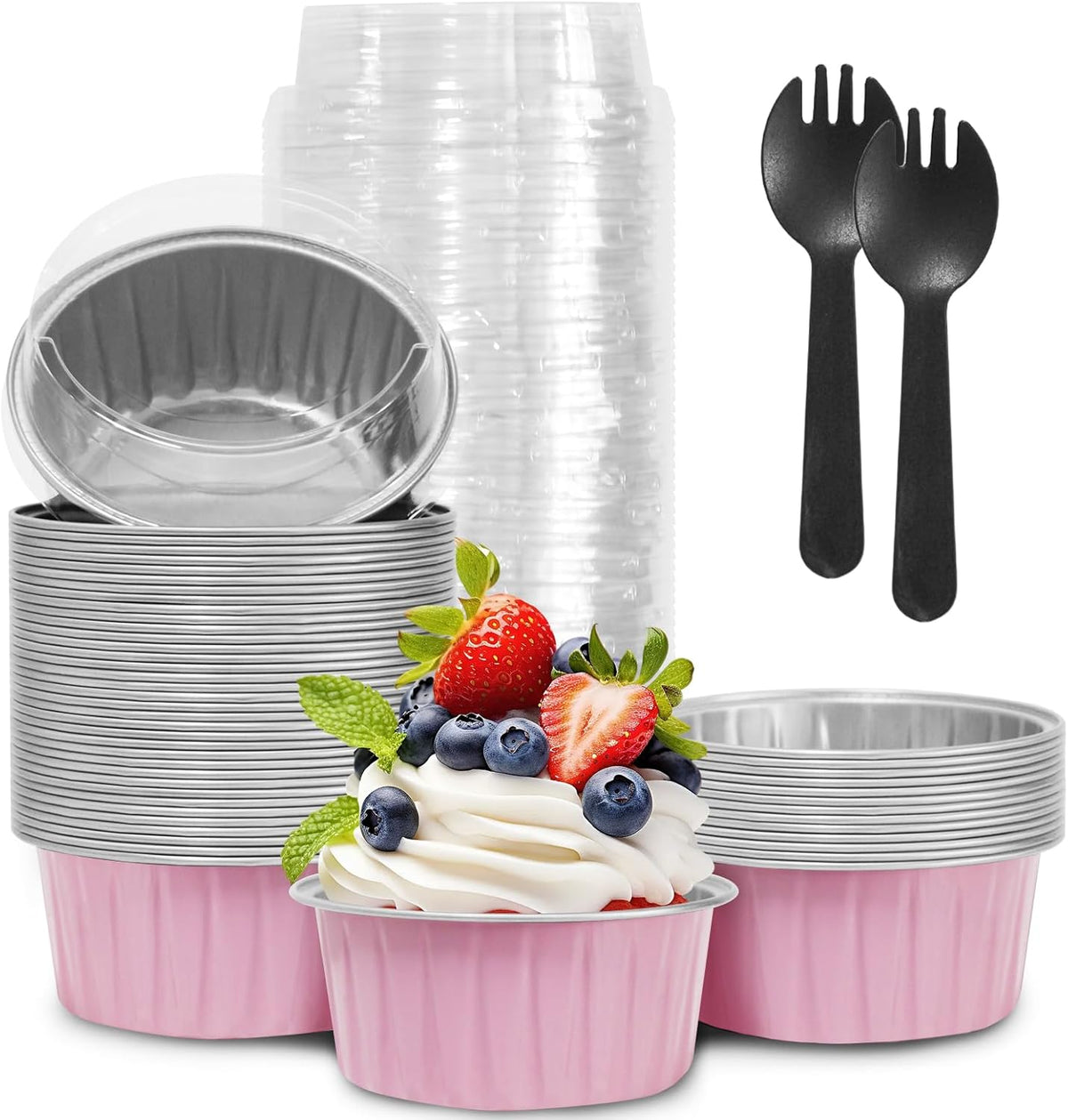 Mother's Day 50Pcs Mini Aluminum Foil Cupcake,5oz Pink Baking Cups with Lid