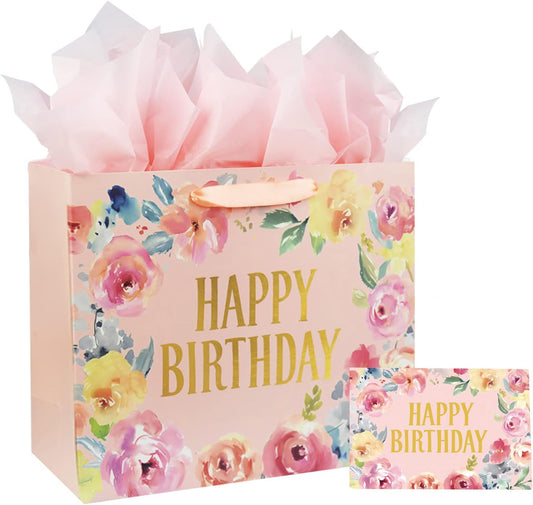 13" Large Happy Birthday Gift Bag with Card and Tissue Papers, Handles Floral Design for Women Girls Birthday Party (13" Pink)