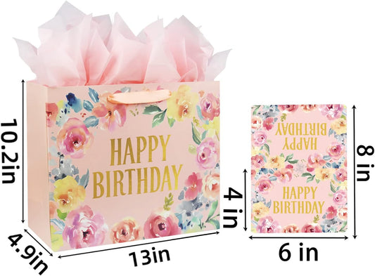 13" Large Happy Birthday Gift Bag with Card and Tissue Papers, Handles Floral Design for Women Girls Birthday Party (13" Pink)