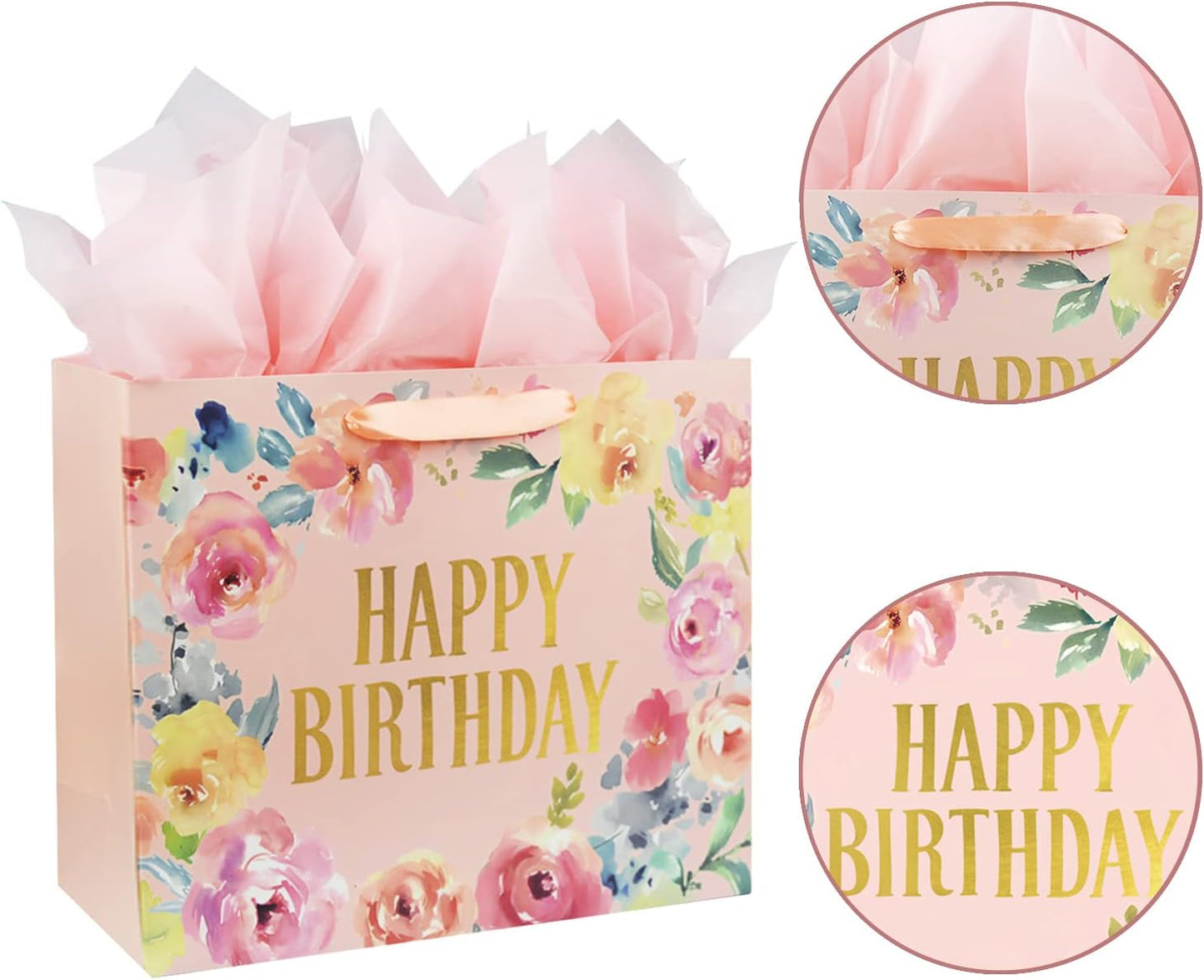 13" Large Happy Birthday Gift Bag with Card and Tissue Papers, Handles Floral Design for Women Girls Birthday Party (13" Pink)