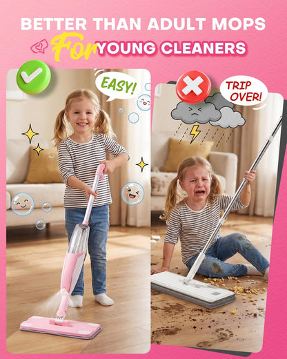 Pink Mini Spray Mop for Toddler-Girls Montessori Cleaning Toy that Real Spray Water,Pretend Playhouse Essentials for Girls Ages 3-8,Toddler Educational Housekeeping Set