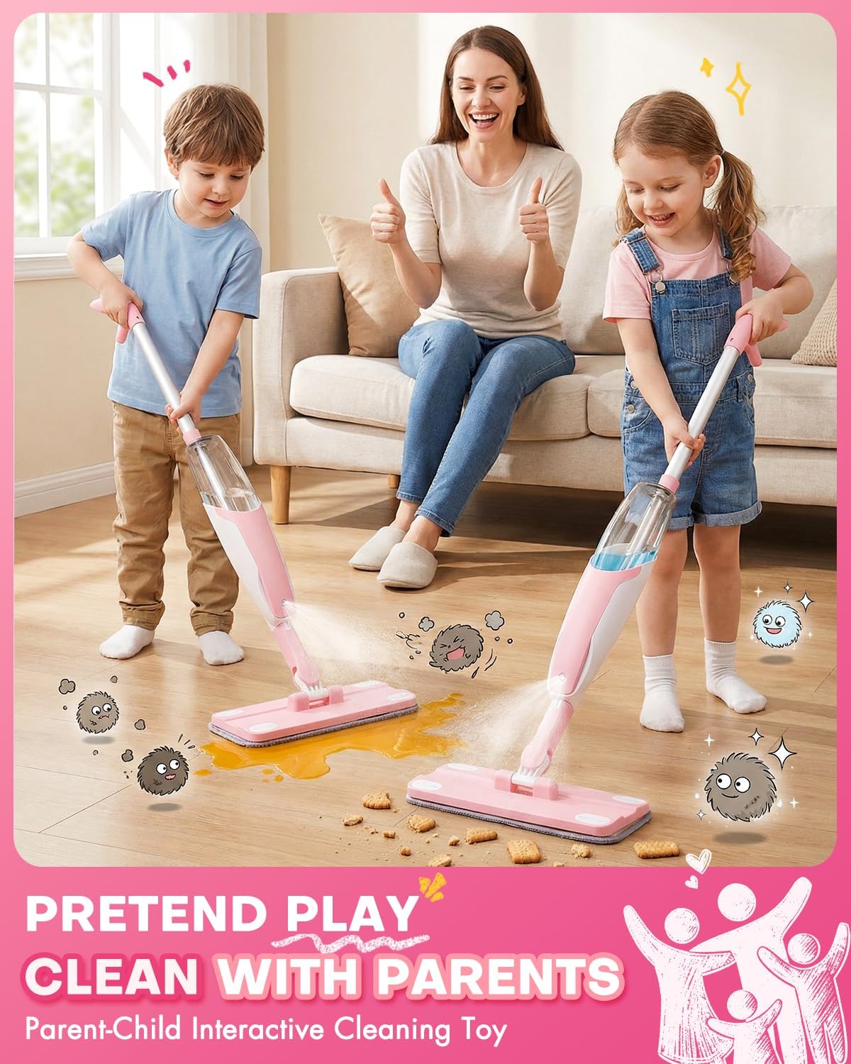 Pink Mini Spray Mop for Toddler-Girls Montessori Cleaning Toy that Real Spray Water,Pretend Playhouse Essentials for Girls Ages 3-8,Toddler Educational Housekeeping Set