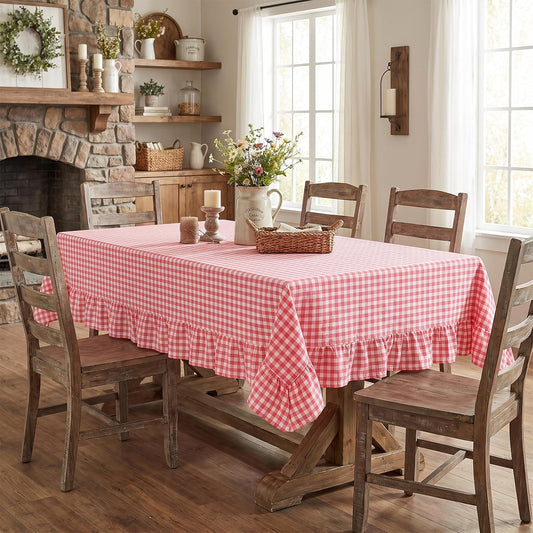 Pink Gingham Ruffled Tablecloth 52 x 70 Inch