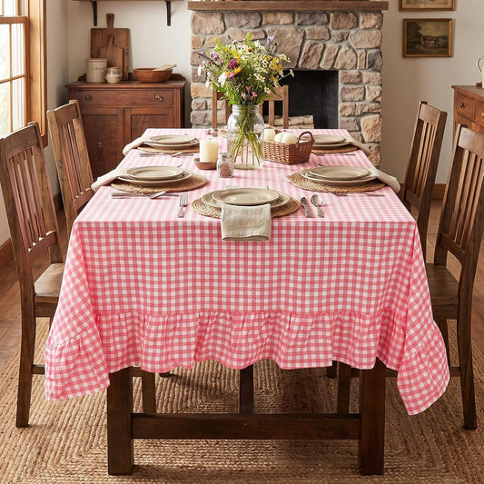Pink Gingham Ruffled Tablecloth 52 x 70 Inch