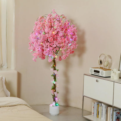 Artificial Cherry Blossom Tree, 6FT Height with 100 LED Lights, Faux Silk Plant in Pot for Home, Office, Wedding, Garden, Party, and Hotel Decorations (Pink, 6FT)