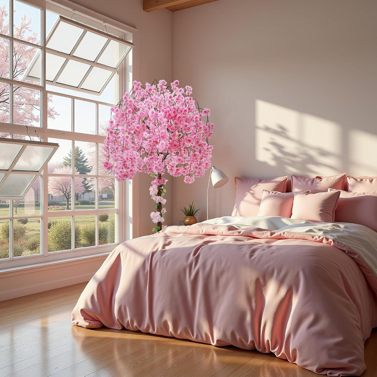 Artificial Cherry Blossom Tree, 6FT Height with 100 LED Lights, Faux Silk Plant in Pot for Home, Office, Wedding, Garden, Party, and Hotel Decorations (Pink, 6FT)