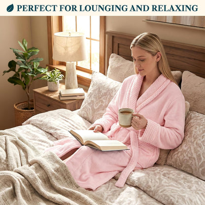 Womens Plush Fleece Robe, Soft Cozy Long Bathrobe for Women