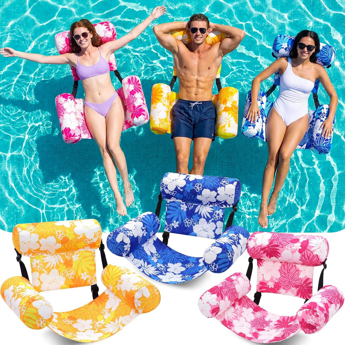 3 Pack Pool Float Chairs, Tropical Bloom,Navy Pink Yellow