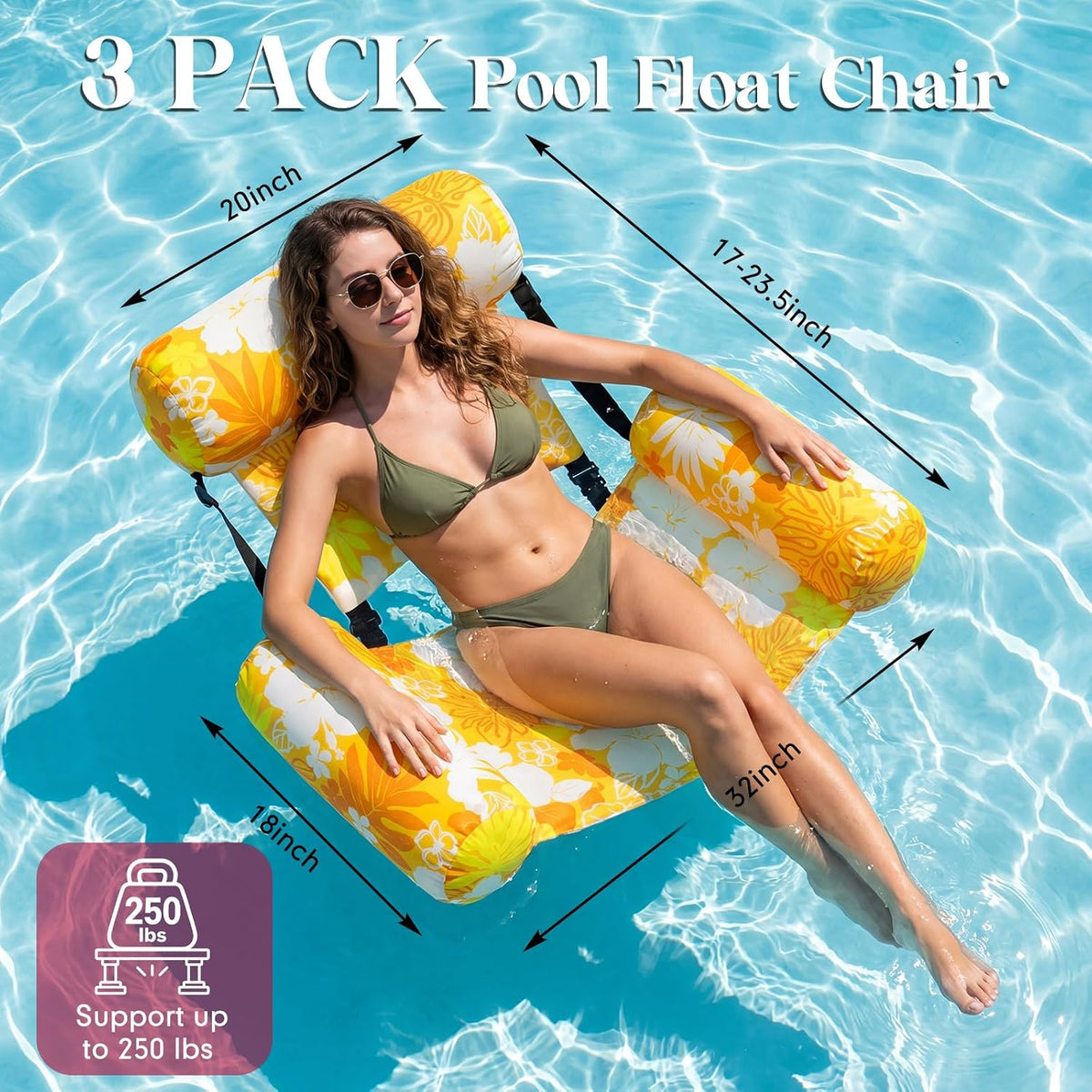 3 Pack Pool Float Chairs, Tropical Bloom,Navy Pink Yellow