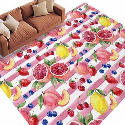 5x8ft Washable Area Rug,Fluffy Large Carpet Summer Peach Lemon Grapefruit Soft Indoor Rugs Non-Slip Accent Floor Mat for Living Room Bedroom Office Decor,Blueberry Strawberry Pink Stripe