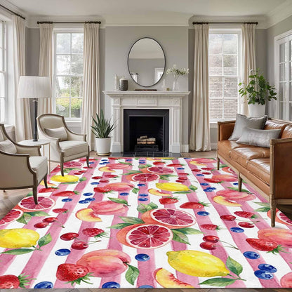5x8ft Washable Area Rug,Fluffy Large Carpet Summer Peach Lemon Grapefruit Soft Indoor Rugs Non-Slip Accent Floor Mat for Living Room Bedroom Office Decor,Blueberry Strawberry Pink Stripe